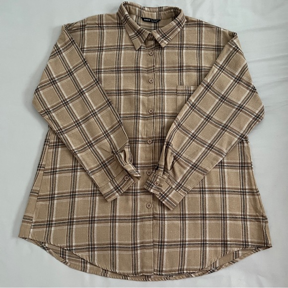 SHEIN Women’s Flannel Plaid Button Up Shirt Large Brown | Khaki | Tan - Picture 4 of 10